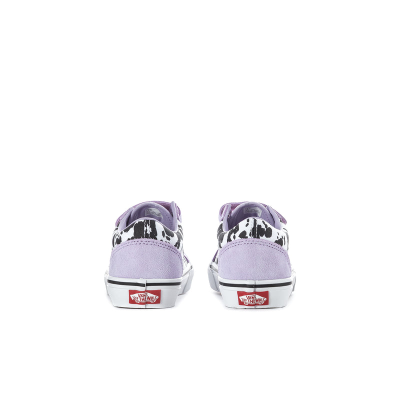 Kids' Old Skool V sneakers with soft purple heels, black cow-print panel, white midsole