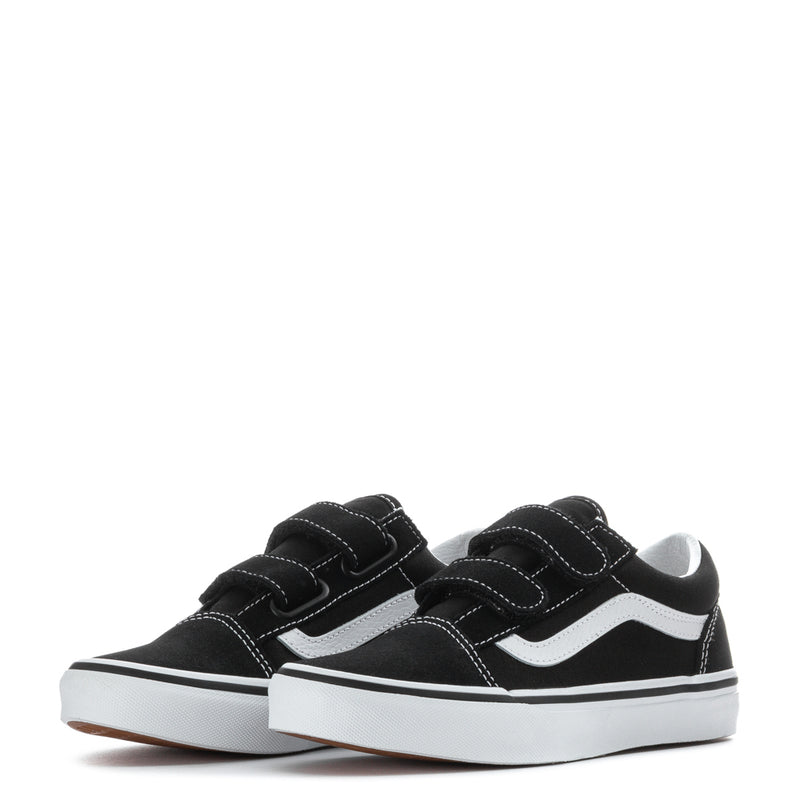 Kids' black low-top sneakers with white stripe and three hook-and-loop straps