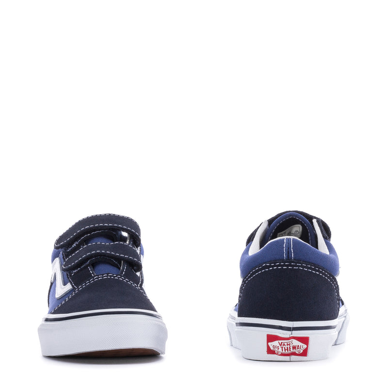 Kids navy low-top sneakers heel and toe view with Vans logo on back