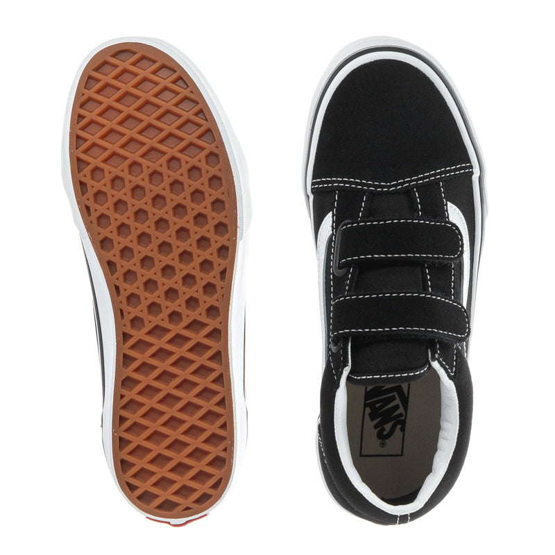 Kids' black sneakers with white outsole and hook-and-loop strap; gum tread bottom