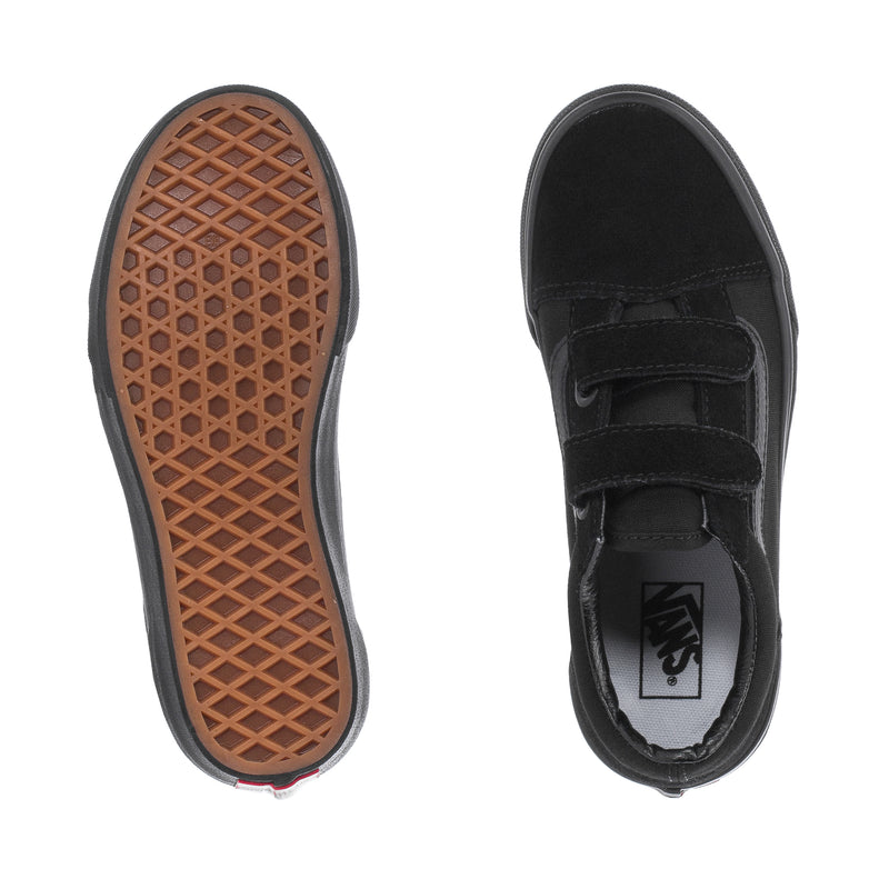 Kids black sneakers with hook-and-loop straps; gum rubber outsole and tread visible