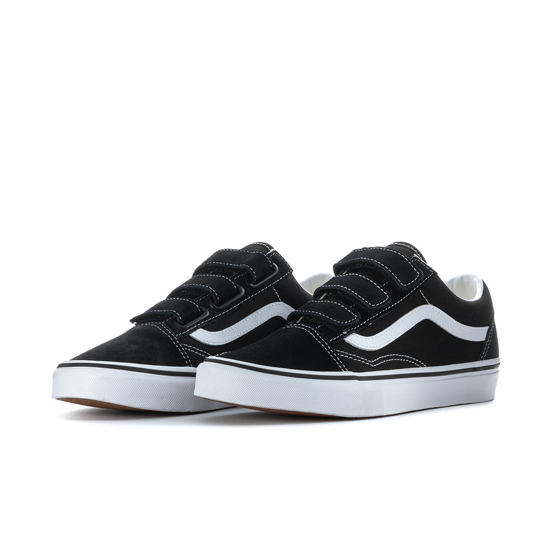 Vans men's low-top sneakers, black with white side stripe and white rubber sole