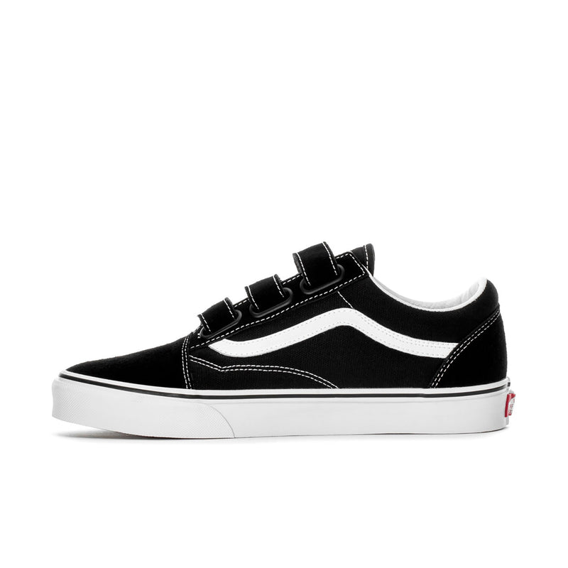 Vans men's low-top skate sneakers, black uppers with white V stripe and laces