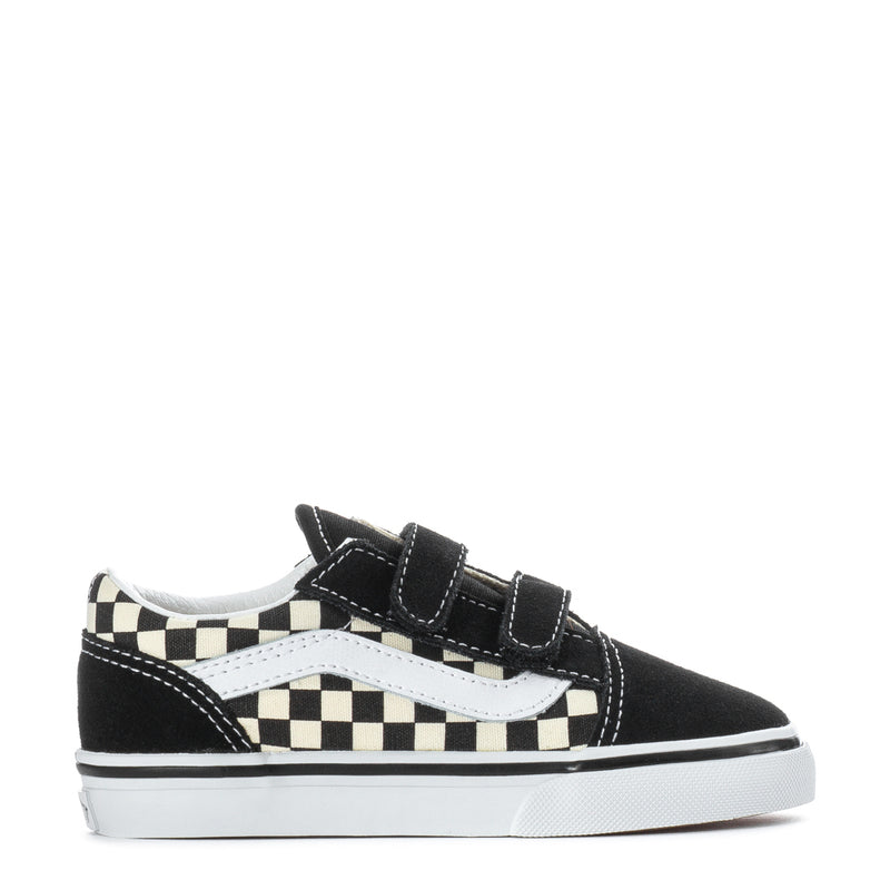 Black low-top toddler sneakers with checkerboard strap, white sole, and side stripe