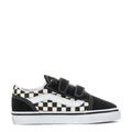Black low-top toddler sneakers with checkerboard strap, white sole, and side stripe