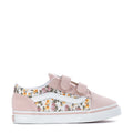 Pink toddler sneakers with floral side stripe and hook-and-loop strap.