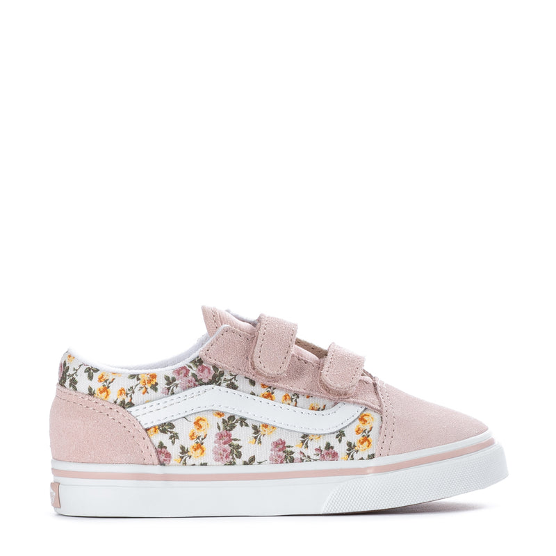 Pink toddler sneakers with floral side stripe and hook-and-loop strap.