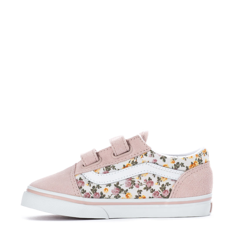 Pink toddler sneakers with floral panel, white midsole, and hook-and-loop closure.