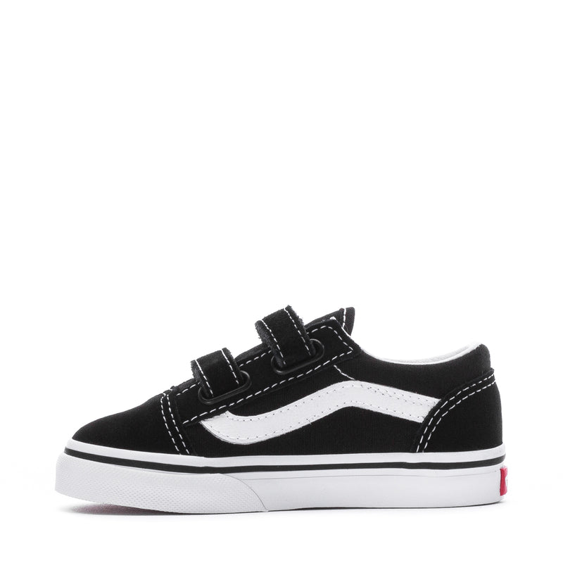 Toddler low-top sneaker in black with white side stripe, stitched Velcro strap