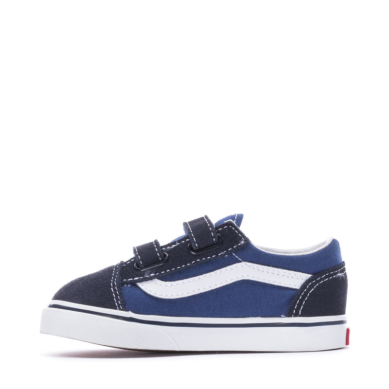 Toddler navy canvas sneakers, side view, with white stripe and hook-and-loop closure