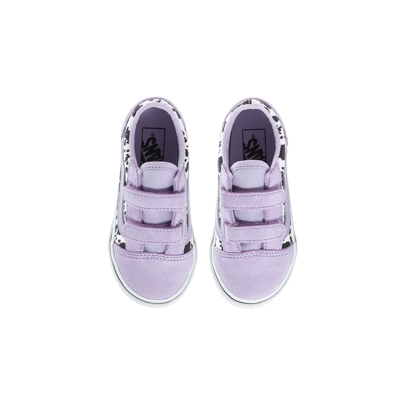 Toddler sneaker pair in soft purple with hook-and-loop closures and cow-print lining