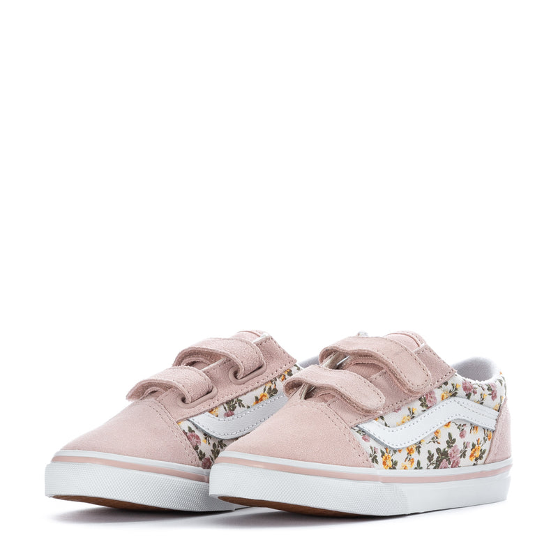 Pair of pink toddler sneakers with floral side panels and hook-and-loop straps.