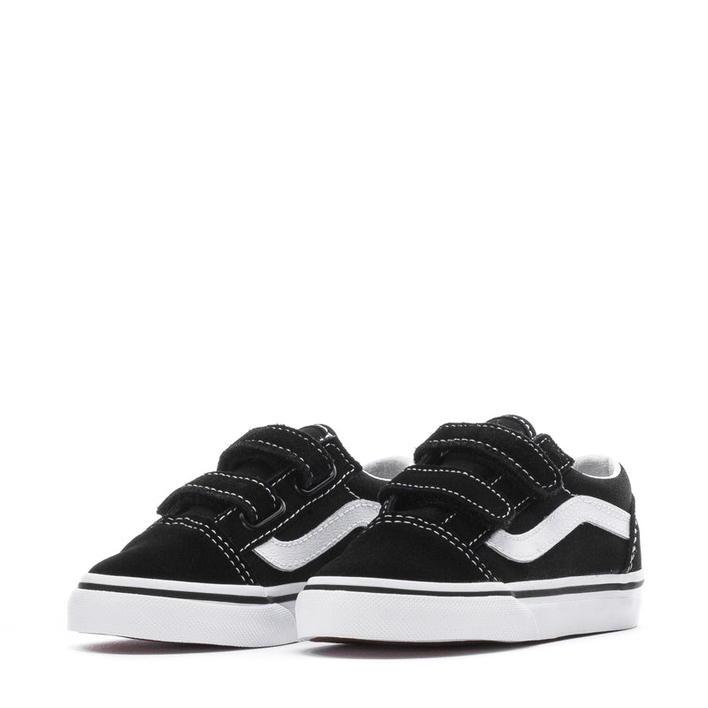 Toddler low-top sneaker, black with white stripe, Velcro straps and white rubber sole