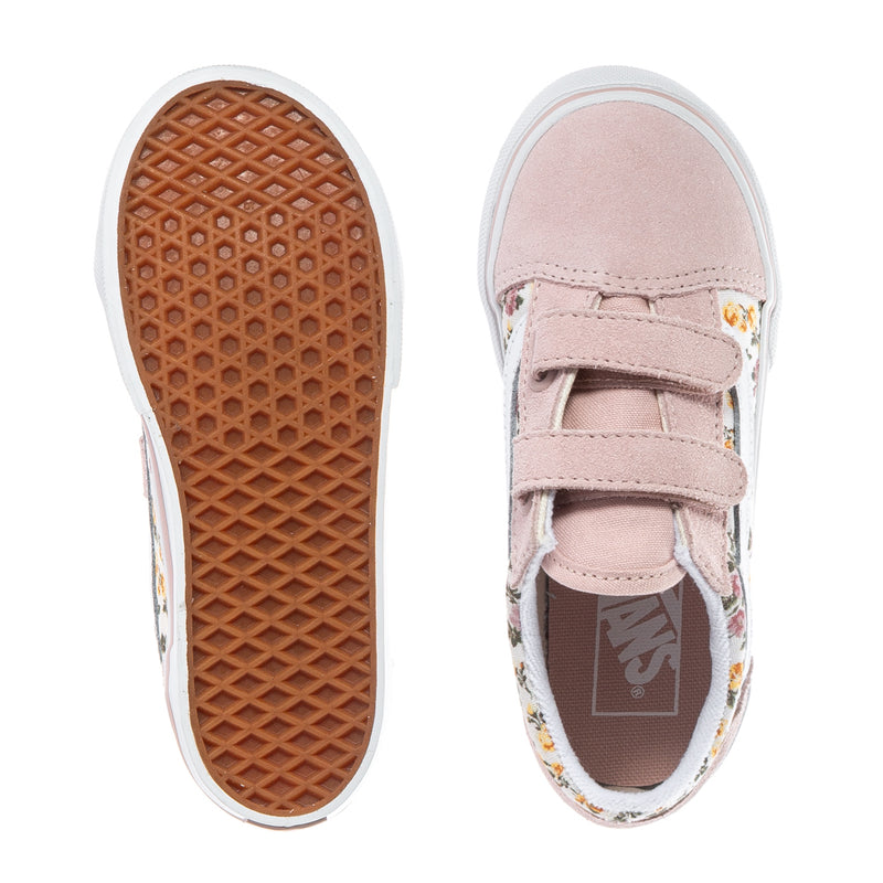 Pink toddler sneakers showing gum outsole and floral-lined hook-and-loop strap.