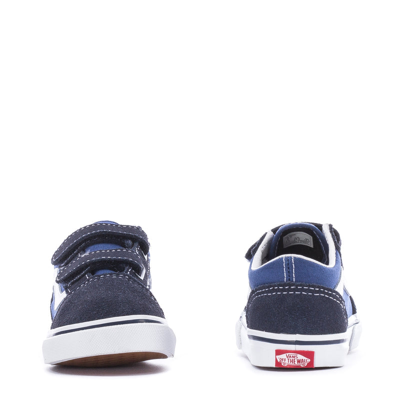 Toddler navy sneakers pair from heel, with hook-and-loop strap and white sole