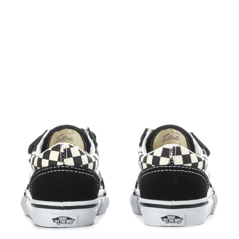 Back view of black toddler sneakers with checkerboard accents and white rubber sole