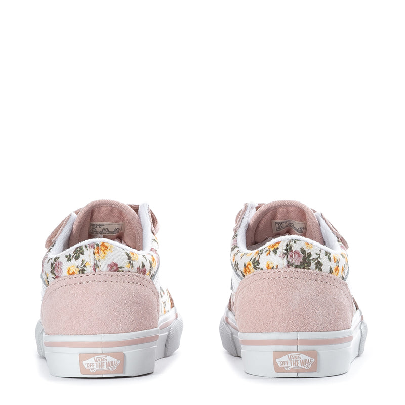 Pink toddler sneakers with floral heel trim and white rubber sole, rear view.