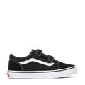 Youth black and white skate shoe with Velcro strap and white side stripe