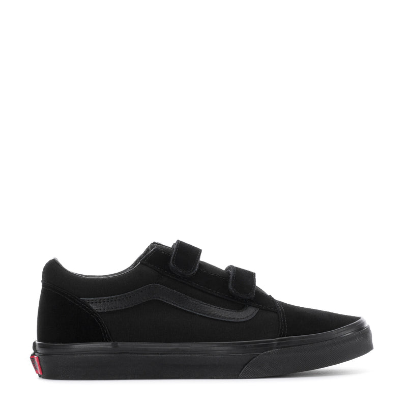 Black youth skate shoes with two hook-and-loop straps and low-profile rubber sole