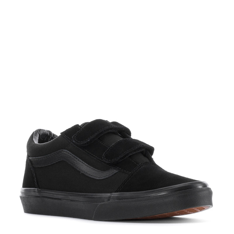 Black skate shoes with two Velcro straps, padded collar, and black vulcanized sole