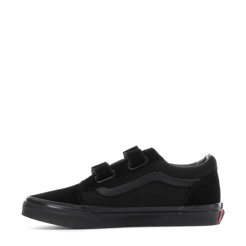 Black youth skate sneaker with dual hook-and-loop straps and flat rubber sidewall