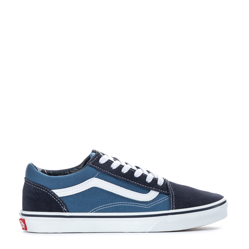 Vans youth low-top sneakers in navy with blue and white stripes, lace-up design