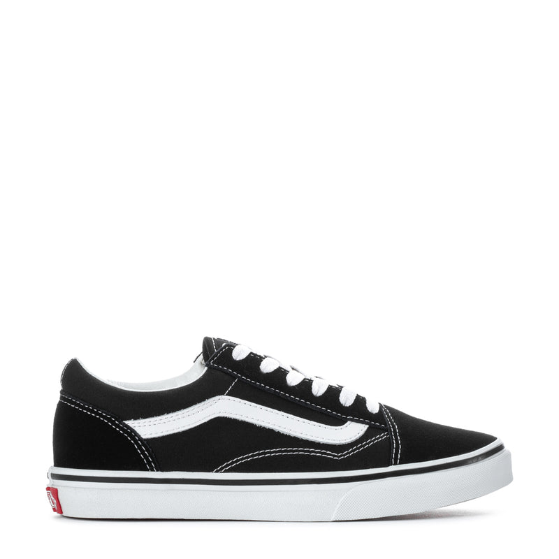 Black youth sneakers with white side stripe, lace-up front, and low vulcanized sole.