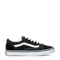 Black youth sneakers with white side stripe, lace-up front, and low vulcanized sole.