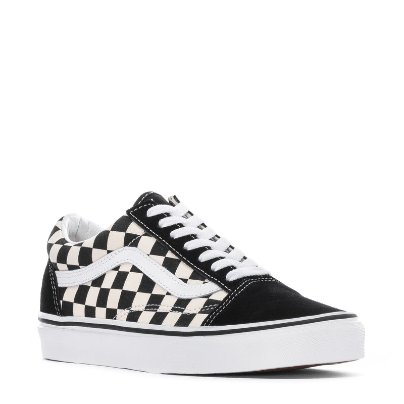 Youth checkerboard low-top sneakers with black uppers, white laces, and white sole