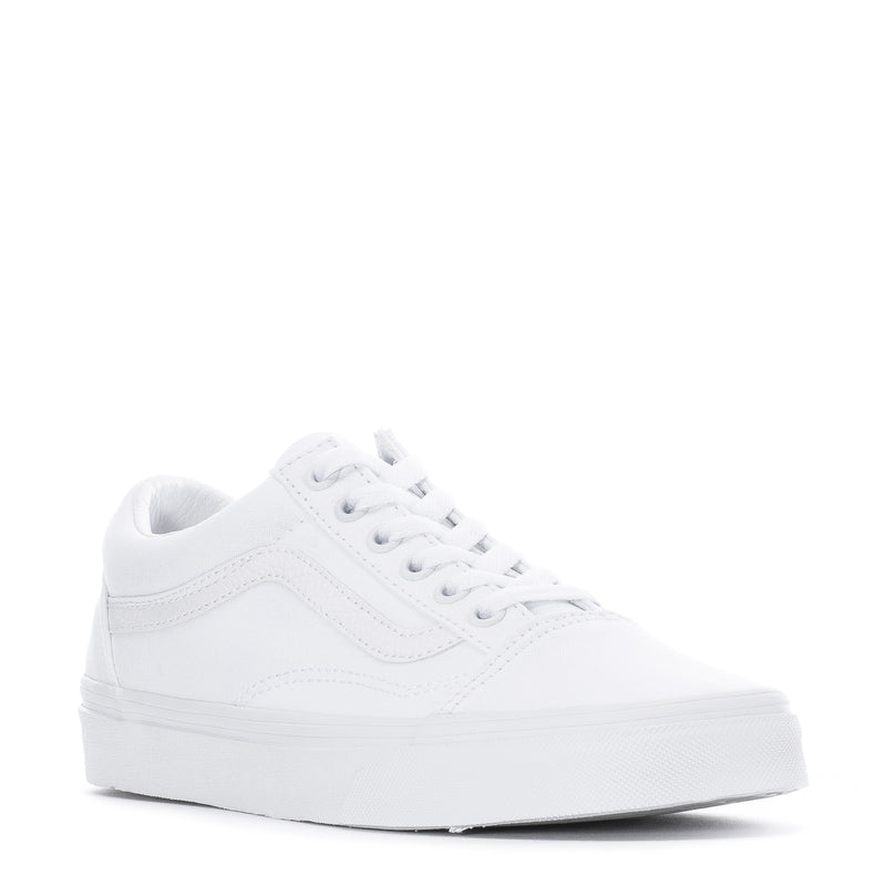 Youth white low-top skate sneaker, angled side view with lace-up