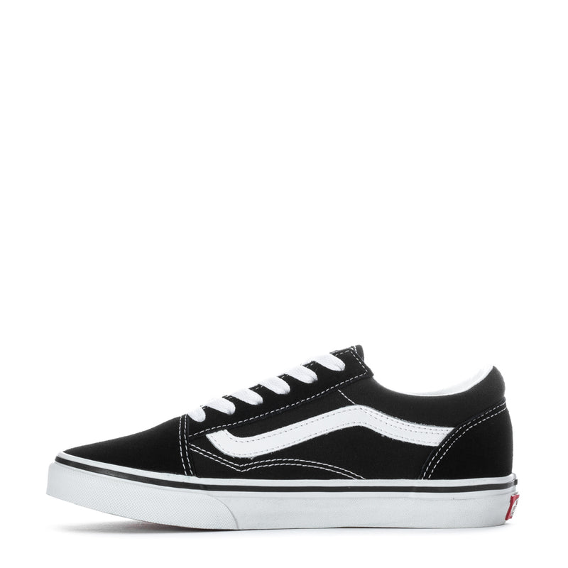 Black youth lace-up sneakers with white wavy side stripe and white rubber bumper.