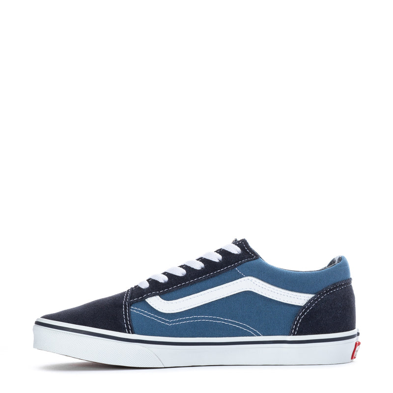 Vans youth low-top sneakers side view, navy suede with blue panel and white laces