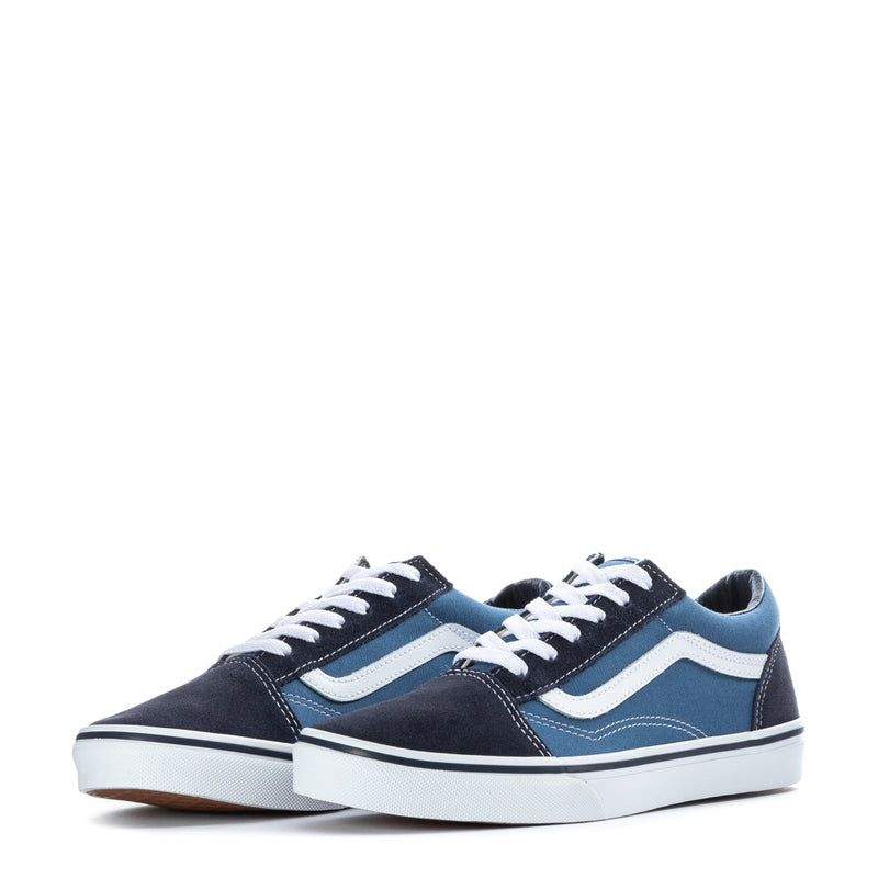 Vans youth low-top sneakers, pair view with navy uppers, blue panels, white stripe detail