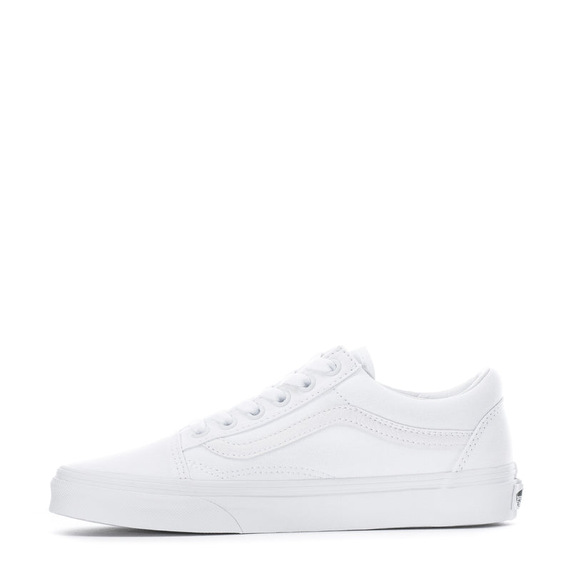 Youth white low-top skate sneaker, front-left profile with laces
