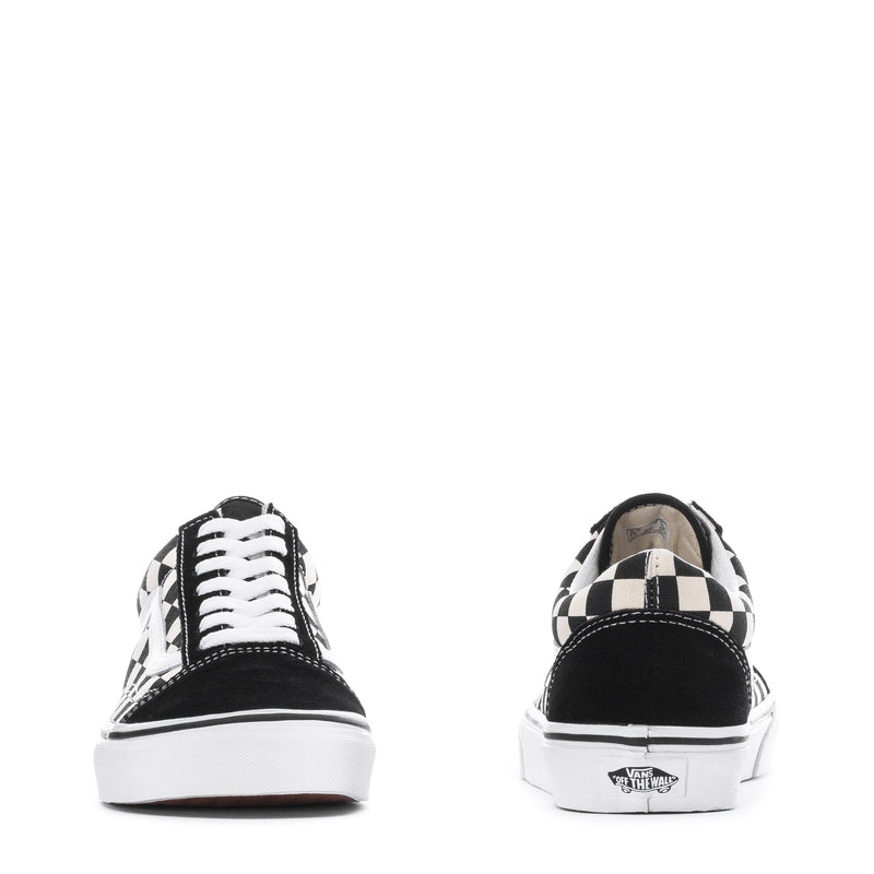 Pair of youth checkerboard sneakers: front view and heel view with white rubber soles