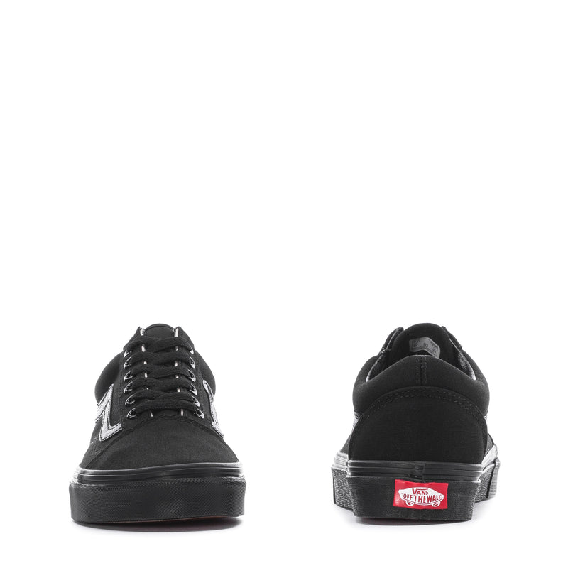 Black youth sneakers, back heel and toe view with lace-up and rubber outsole