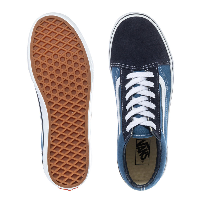 Vans youth sneakers outsole and toe view, dark navy upper with white rubber sole