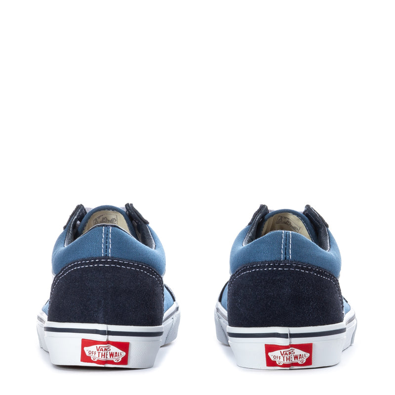 Vans youth sneakers heel and side view, navy suede with white midsoles and red logo patch