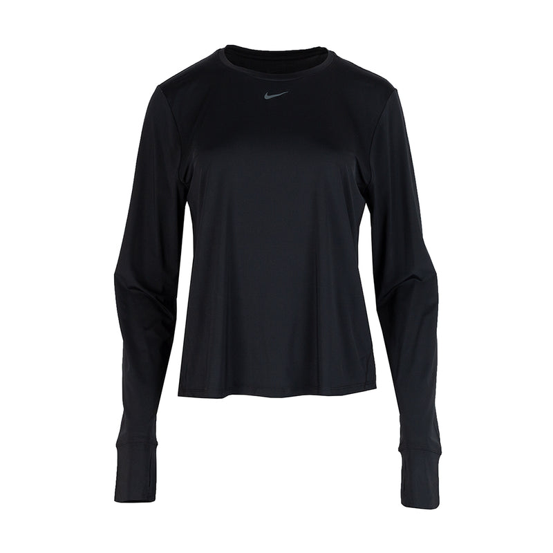 Women's black long-sleeve Dri-FIT top with Nike swoosh, crew neck