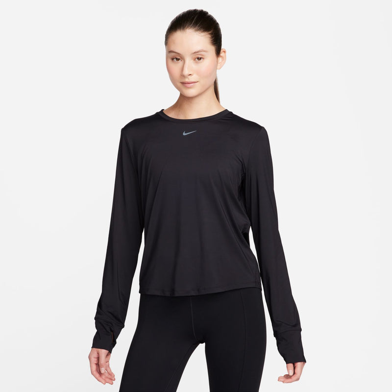 Women's black long-sleeve Dri-FIT athletic top with Nike logo, crew neck