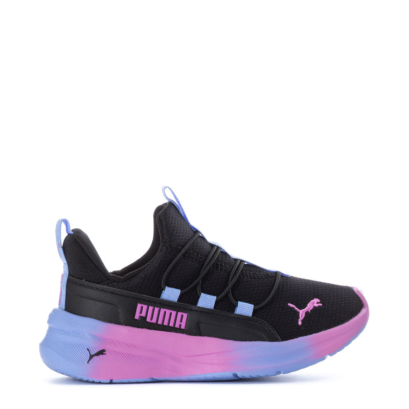 Kids black PUMA sneakers with blue accents, hook-and-loop straps, pink sole