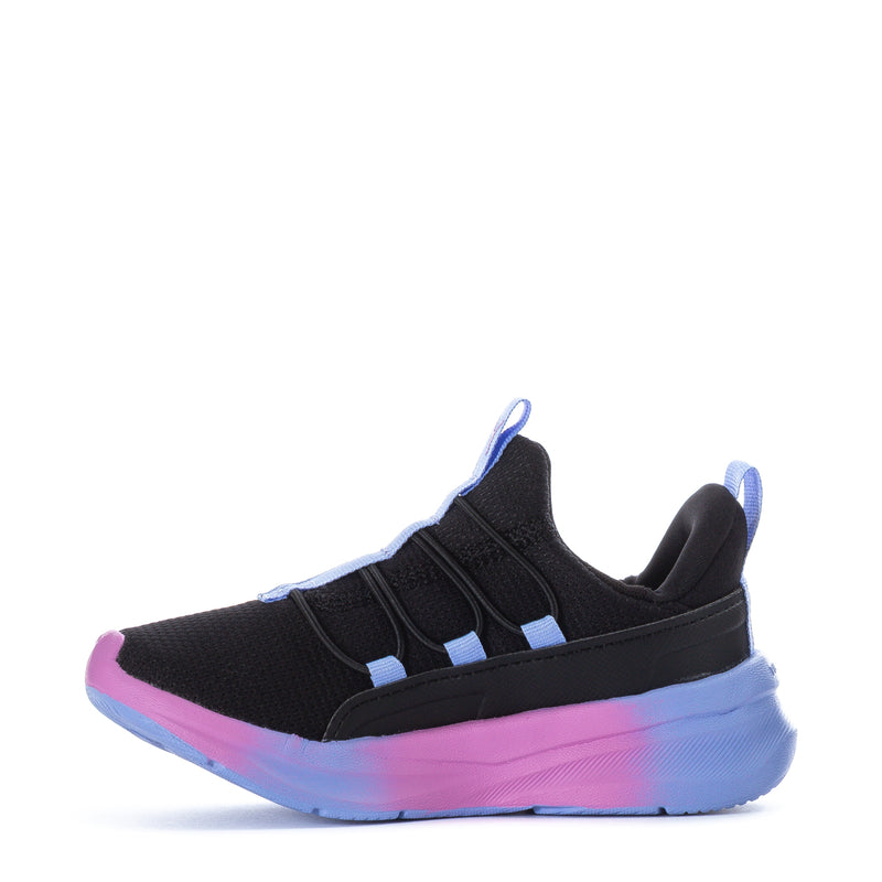 Kids black PUMA sneakers with blue straps and pink-to-purple midsole