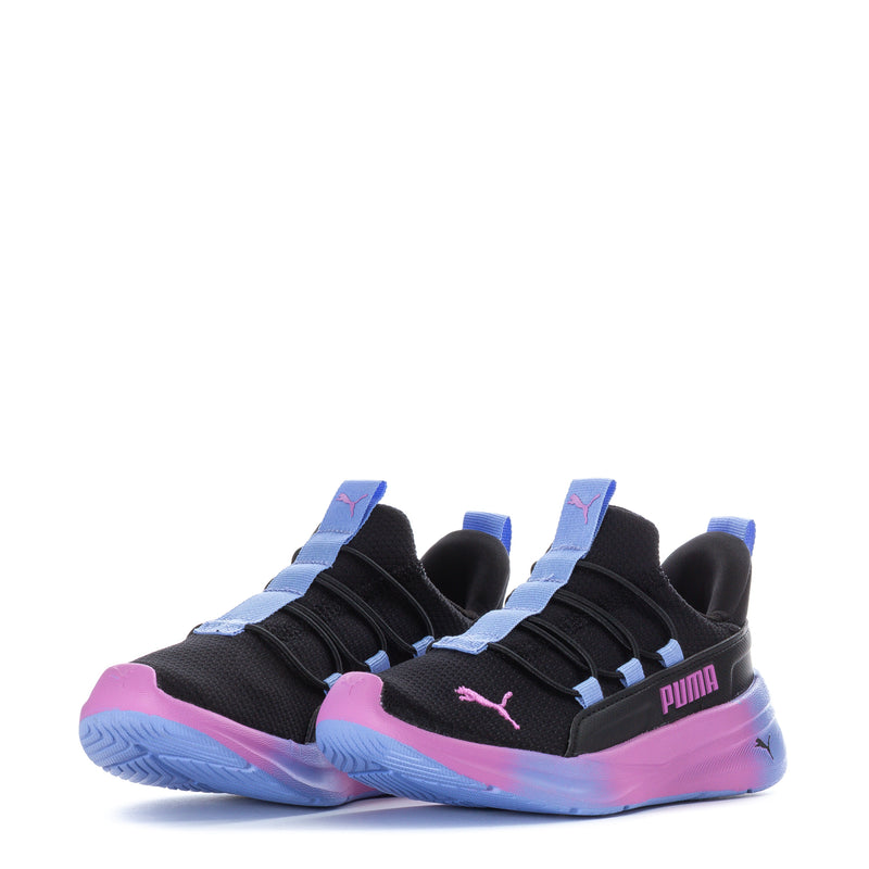 Kids black PUMA sneakers, two shoes shown, blue strap details, pink midsole