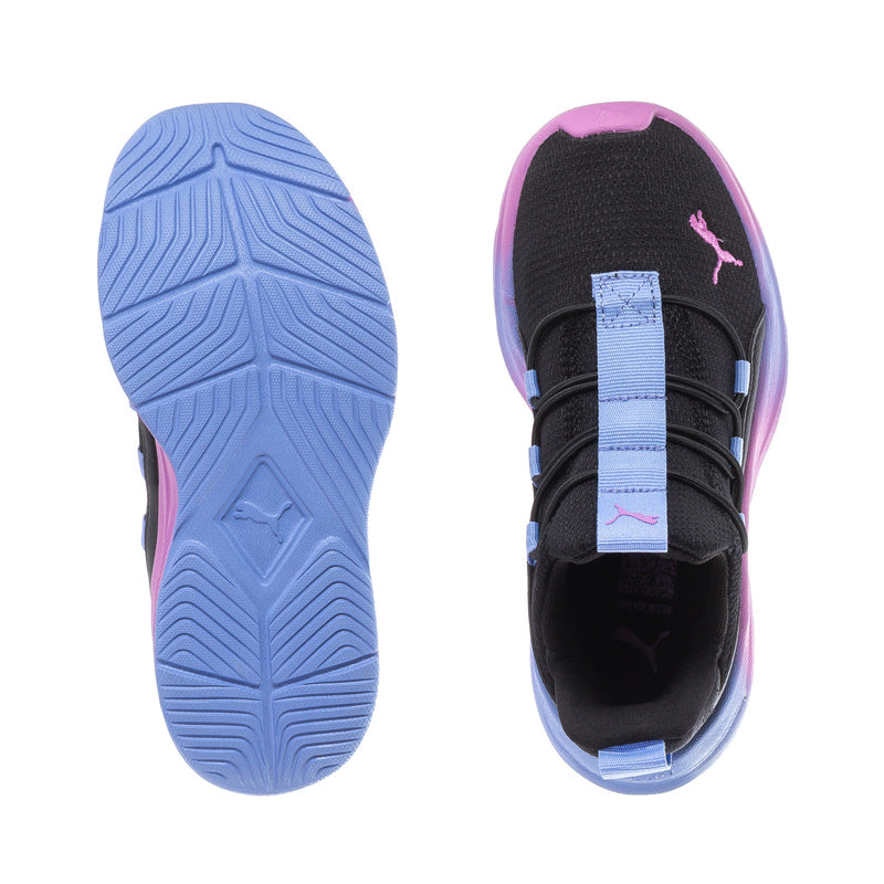 Kids PUMA sneakers with blue outsole tread, black upper, mauve-pink heel trim