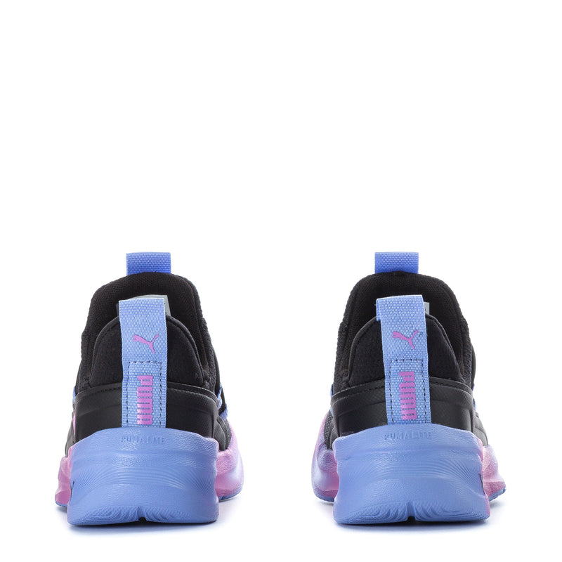 Kids PUMA sneakers back view, black with blue straps and mauve-pink soles