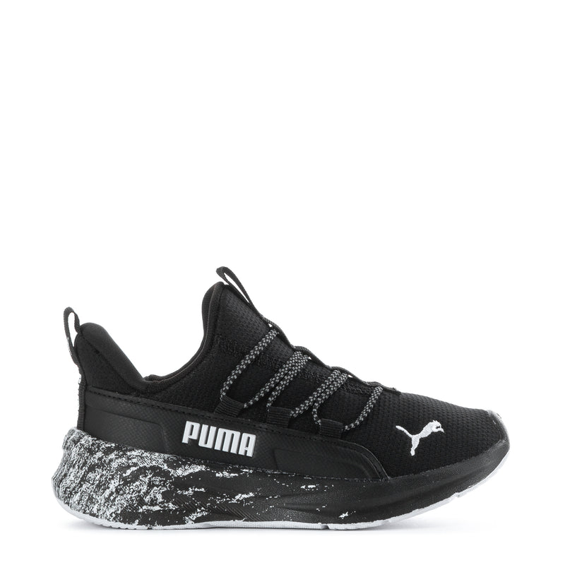 Kids black knit slip-on sneaker, PUMA logo, stripe details, speckled midsole