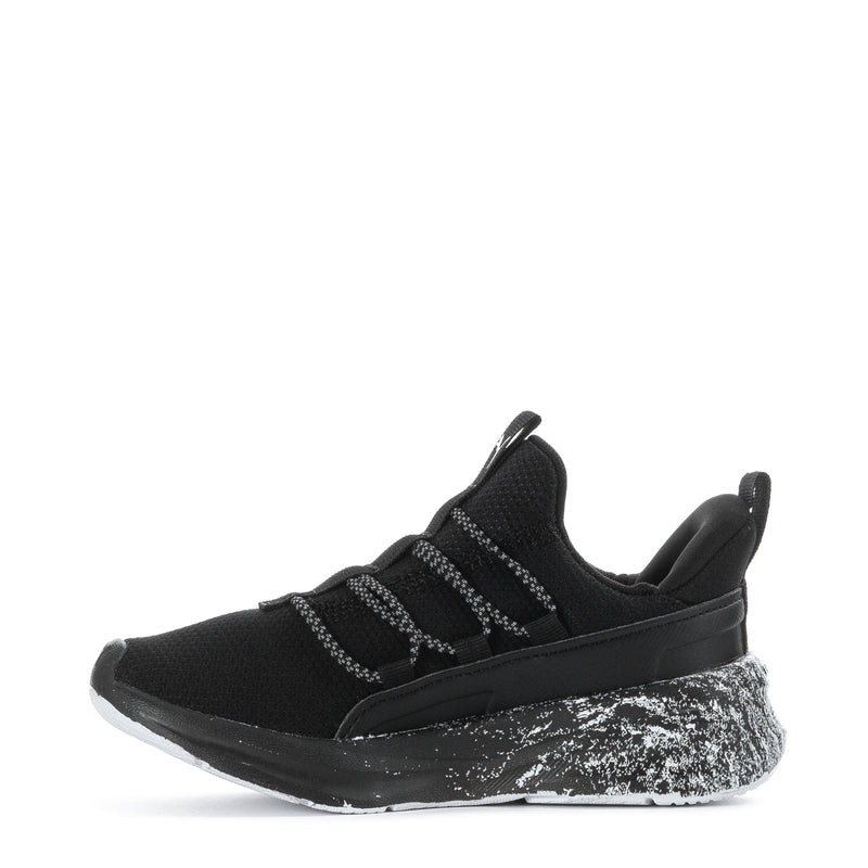 Kids black knit sneaker with striped straps, PUMA logo, speckled sole edge