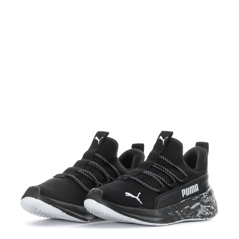 Kids black PUMA sneakers, two shoes side-by-side, striped upper, speckled sole