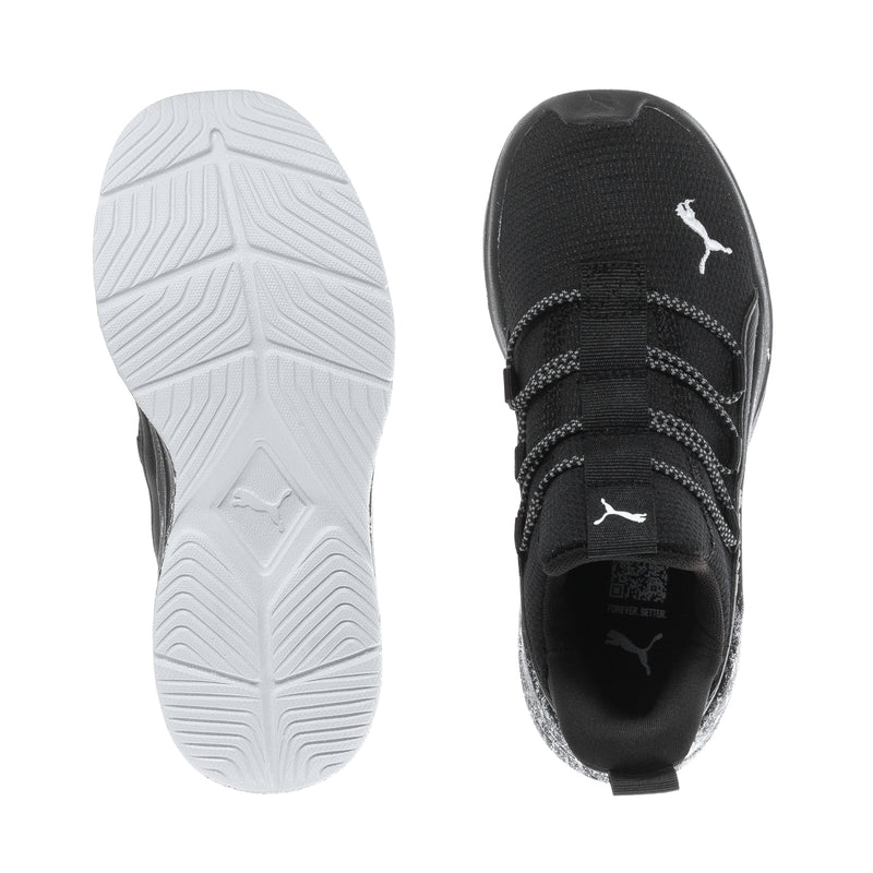 Kids black sneaker outsole and upper view, PUMA logos, ribbed sole tread