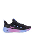 Youth black slip-on sneakers with pink and light blue sole, PUMA logo accents
